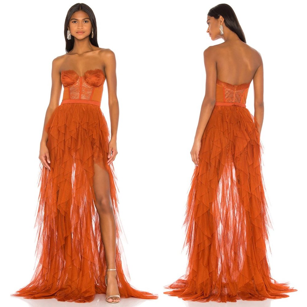NEW For Love & Lemons X REVOLVE Bustier Gown in Rust Orange Maxi Dress Small S